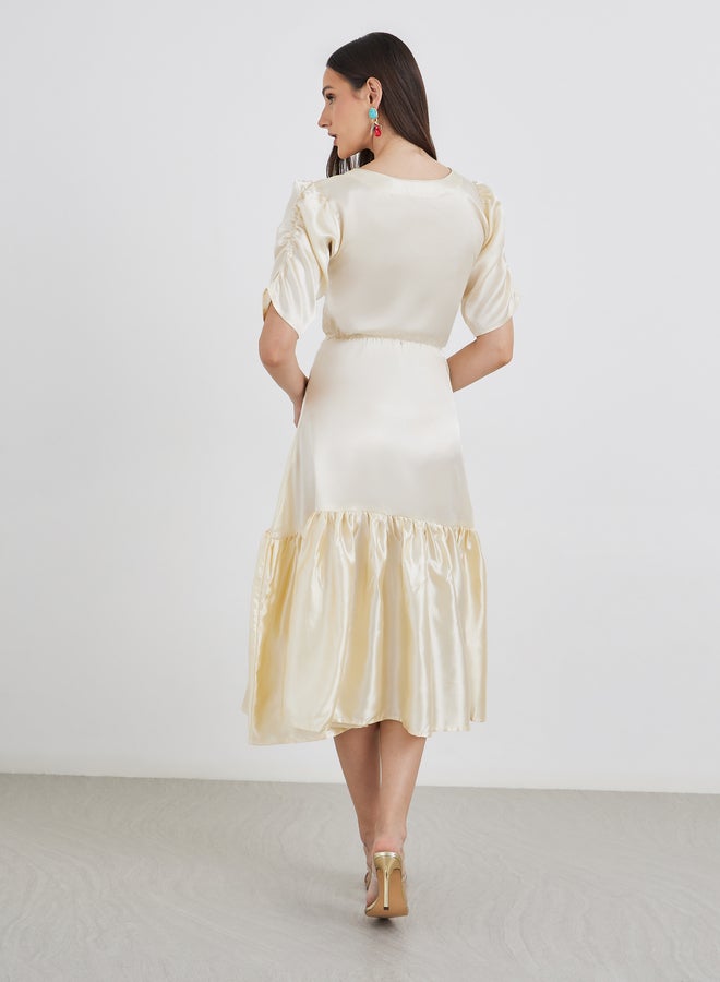 Maxim Creation Satin Ruched Sleeve Fit and Flare Midi Dress - Image 5