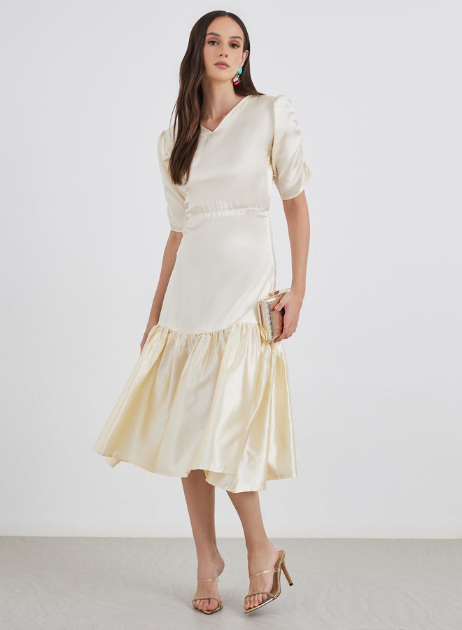 Maxim Creation Satin Ruched Sleeve Fit and Flare Midi Dress - Image 3