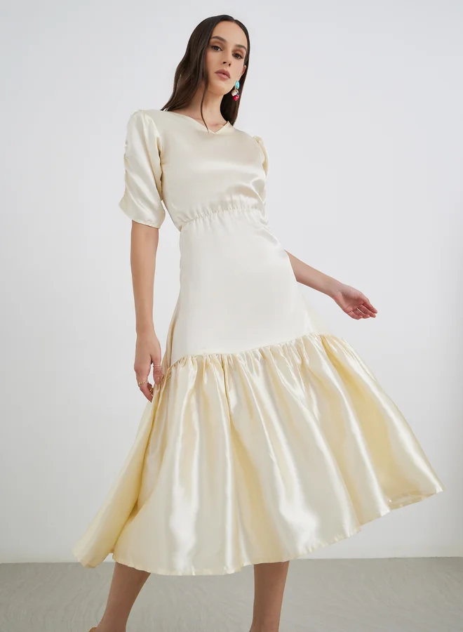 مكسيم كريشن Maxim Creation Satin Ruched Sleeve Fit and Flare Midi Dress