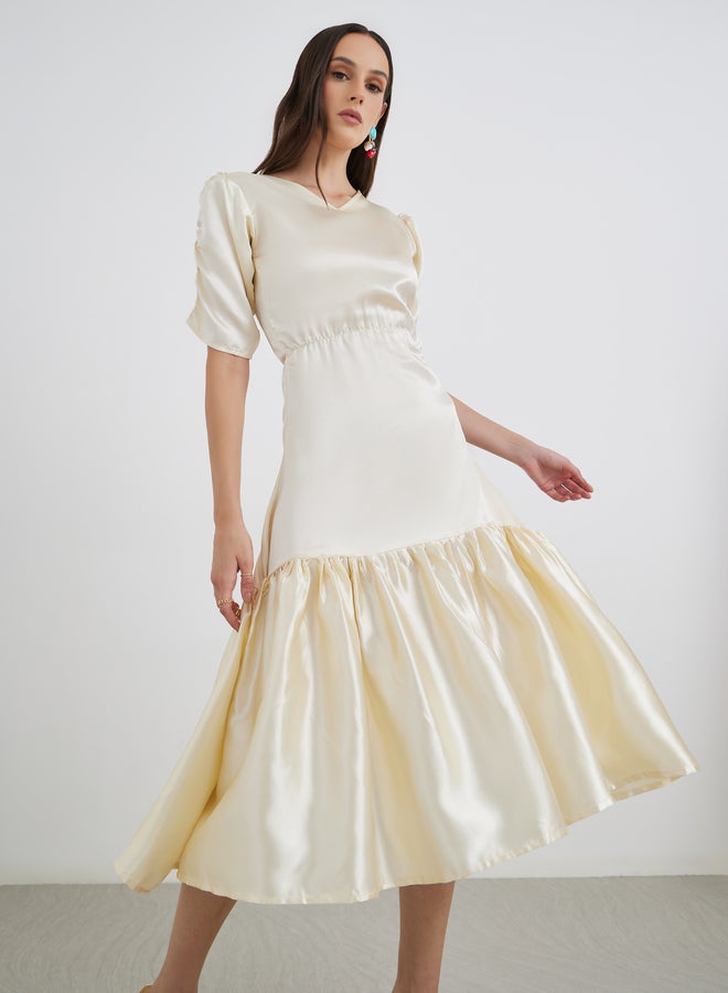 Maxim Creation Satin Ruched Sleeve Fit and Flare Midi Dress - Image 1