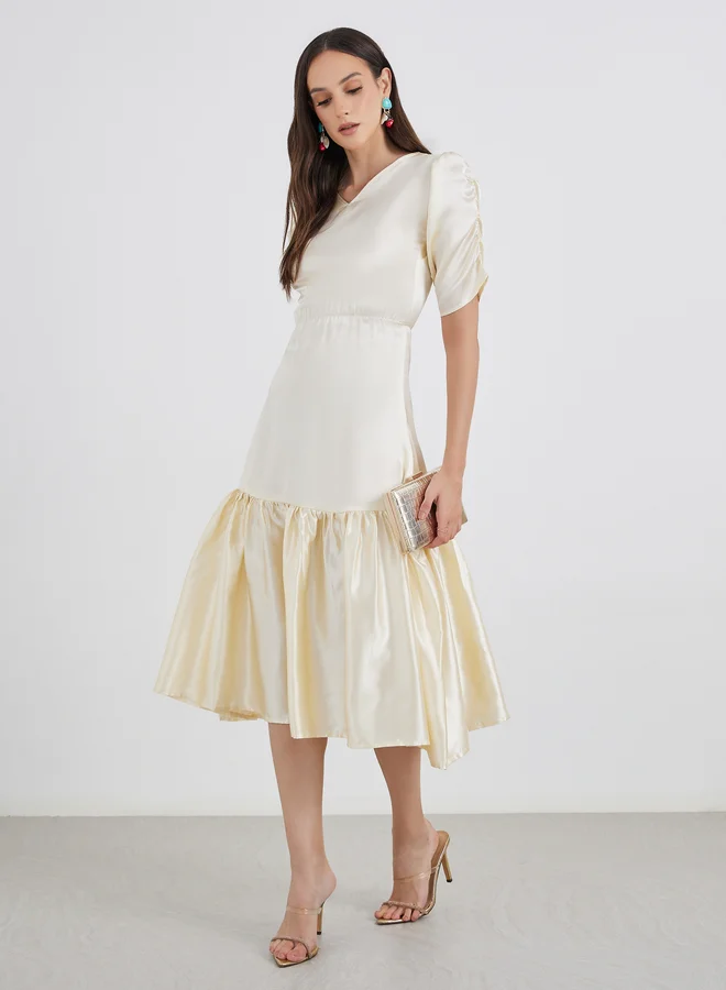 مكسيم كريشن Maxim Creation Satin Ruched Sleeve Fit and Flare Midi Dress