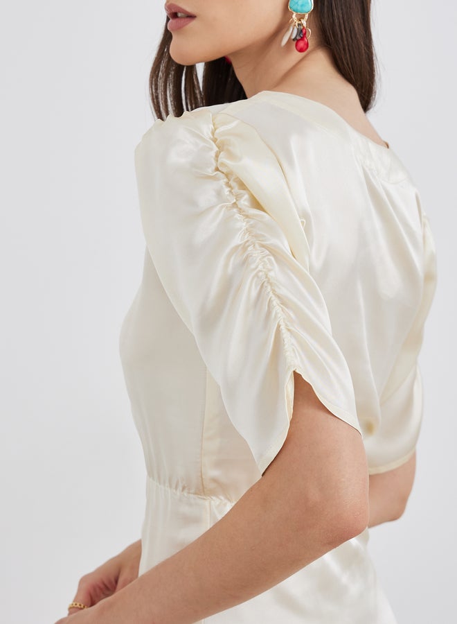 Maxim Creation Satin Ruched Sleeve Fit and Flare Midi Dress - Image 4