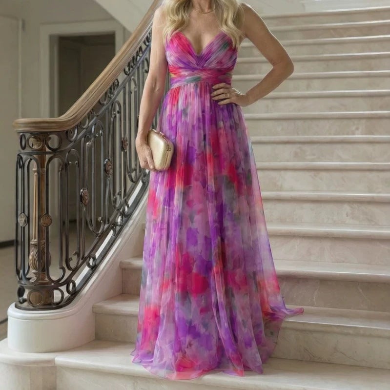 2026 European Style Digital Print Chiffon Maxi Dress - Elegant High Waist Sleeveless - Image 3