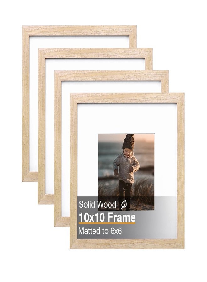 KINLINK 10x10 Picture Frames, Square Natural Wood Frames with Acrylic Plexiglass for Pictures 6x6 With Mat, Tabletop and Wall Mounting Display, Set of 4 - Image 1