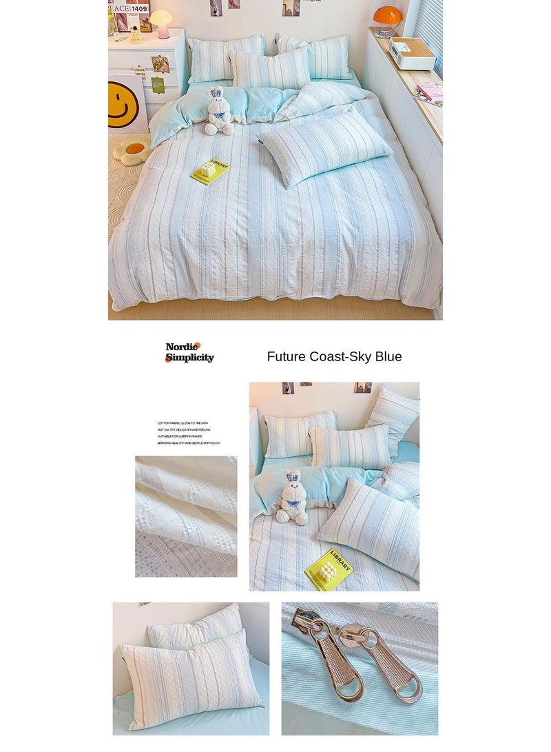 general طقم غطاء لحاف ساتين قطن بلون موحد مخطط جاكار 4 قطع قطن 60S غطاء لحاف ناعم مجموعة ملاءات الوسائد مقاسات: كوين - Image 2