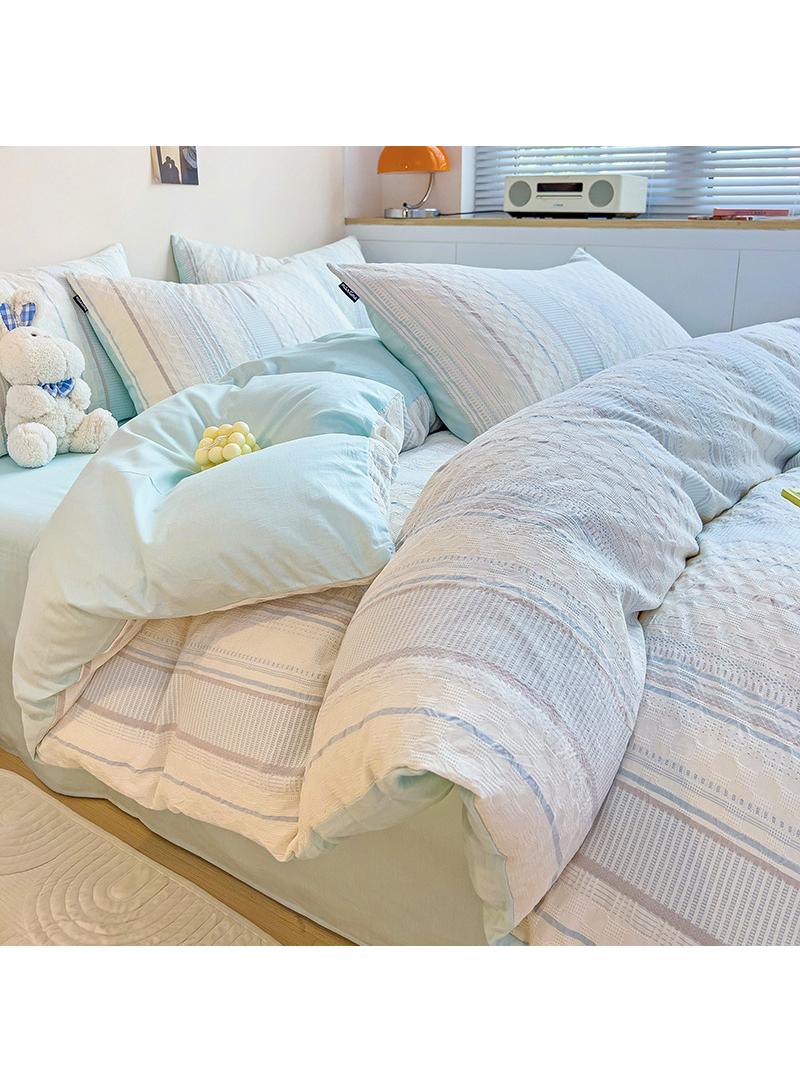 general طقم غطاء لحاف ساتين قطن بلون موحد مخطط جاكار 4 قطع قطن 60S غطاء لحاف ناعم مجموعة ملاءات الوسائد مقاسات: كوين - Image 1