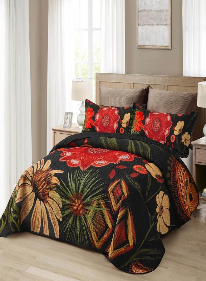 Tyrot 3 Piece Black Red Boho Floral Full/Queen Quilt Sets Farmhouse Christmas Reversible Lightweight Bedspread Coverlet with 2 Shams Mid Century Microfiber Bedding Quilts Set for All Season, 90''x96'' - Image 2