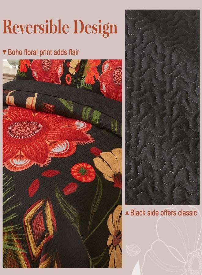 Tyrot 3 Piece Black Red Boho Floral Full/Queen Quilt Sets Farmhouse Christmas Reversible Lightweight Bedspread Coverlet with 2 Shams Mid Century Microfiber Bedding Quilts Set for All Season, 90''x96'' - Image 3