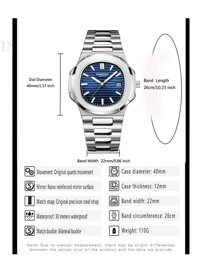 بينبوند ساعات رجالية كوارتز ساعة رجالية مقاومة للماء من الفولاذ المقاوم للصدأ ساعة رجالية كوارتز للأعمال - Image 3