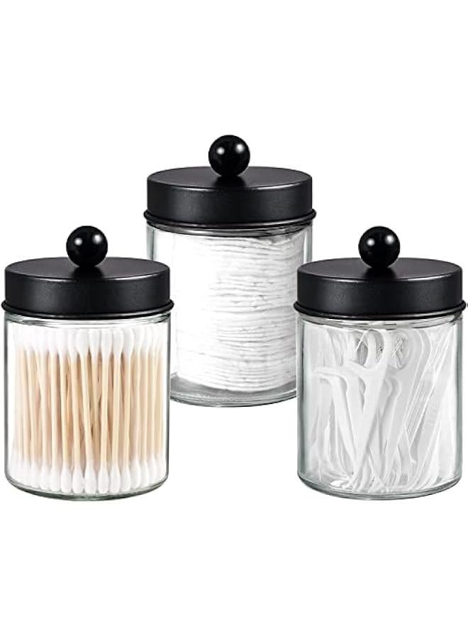 3 Pack Apothecary Jar Canisters Bathroom Vanity Organizer - Qtip Holder Storage Organizer Set Countertop Canister with Stainless Steel Lids &Cute Stickers for Qtips,Cotton Swabs,Makeup Sponges,Floss  - Image 1