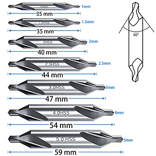 KEWAYO 7-Piece Center Drill Bit Set - M2 HSS 60° Countersink Tools (1.0-5.0mm) for Lathe & Metalworking, High Speed Steel Center Drills with Protective Case - Image 5