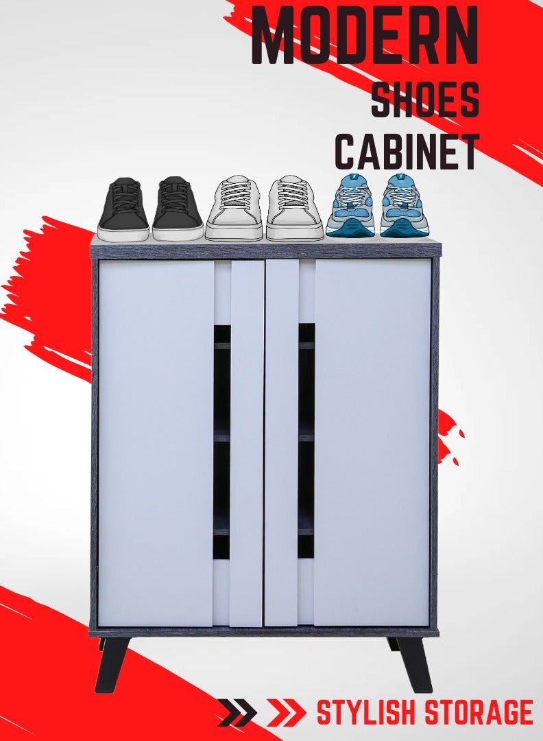 اي اف تي خزانة أحذية حديثة ذات لونين مع بابين - تصميم متين من ألواح الحبيبات. خزانة أحذية مصنوعة من لوح حبيبي بلونين مع بابين - حل تخزين أنيق. مثالي لأي مدخل أو غرفة معيشة أو غرفة طعام أو غرف نوم. تصميم موفر للمساحة، قم بتنظيم حذائك دون عناء. (باب رمادي فاتح/إطار من خشب البلوط) عرفان - Image 2