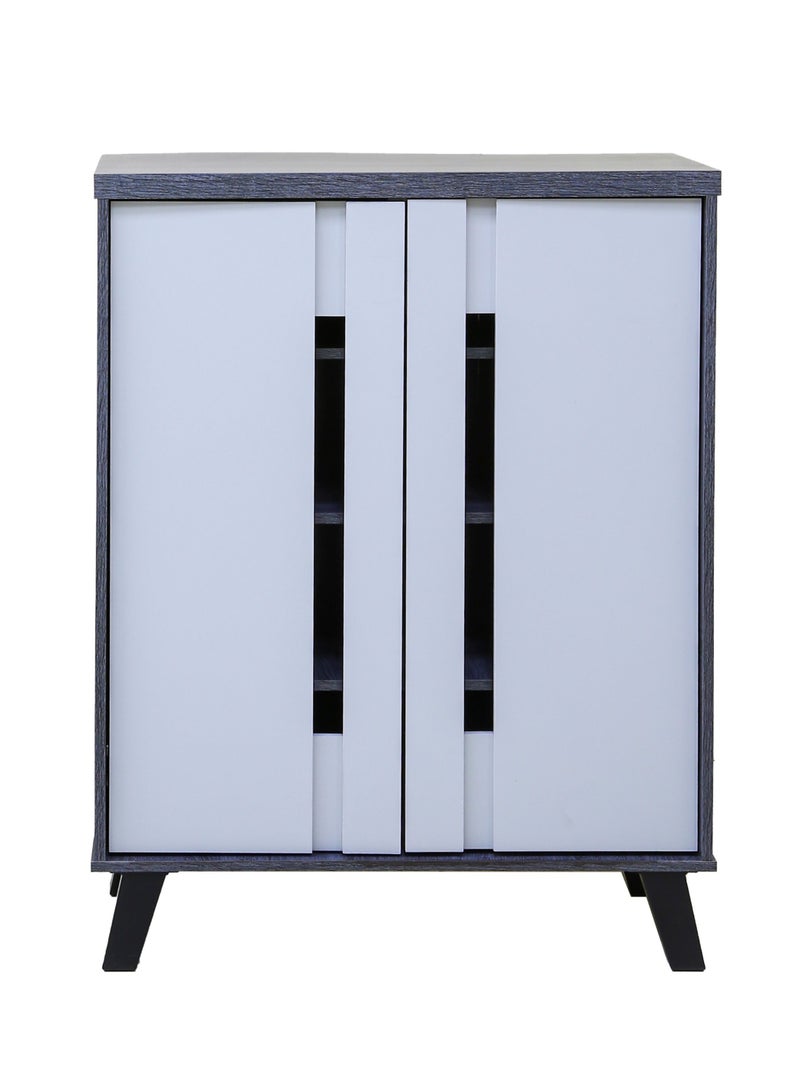 اي اف تي خزانة أحذية حديثة ذات لونين مع بابين - تصميم متين من ألواح الحبيبات. خزانة أحذية مصنوعة من لوح حبيبي بلونين مع بابين - حل تخزين أنيق. مثالي لأي مدخل أو غرفة معيشة أو غرفة طعام أو غرف نوم. تصميم موفر للمساحة، قم بتنظيم حذائك دون عناء. (باب رمادي فاتح/إطار من خشب البلوط) عرفان - Image 3