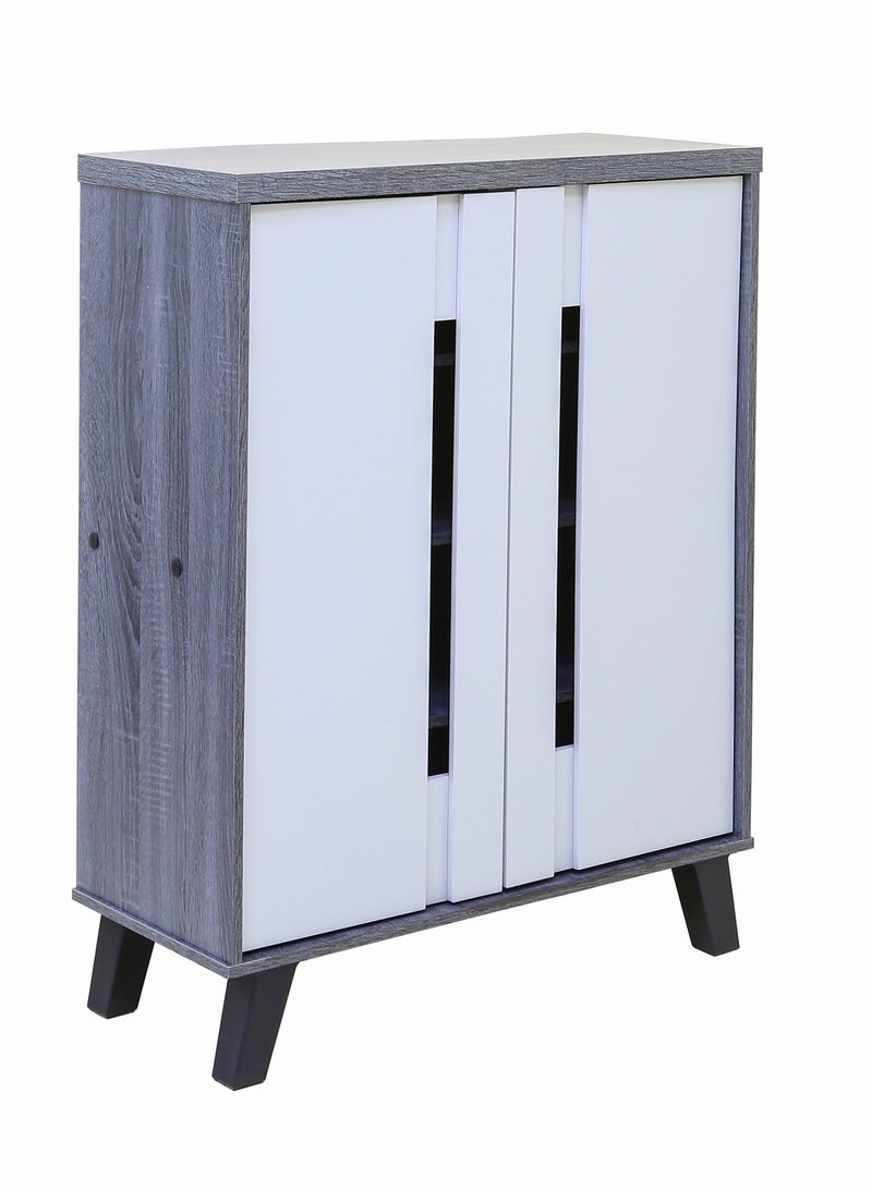 اي اف تي خزانة أحذية حديثة ذات لونين مع بابين - تصميم متين من ألواح الحبيبات. خزانة أحذية مصنوعة من لوح حبيبي بلونين مع بابين - حل تخزين أنيق. مثالي لأي مدخل أو غرفة معيشة أو غرفة طعام أو غرف نوم. تصميم موفر للمساحة، قم بتنظيم حذائك دون عناء. (باب رمادي فاتح/إطار من خشب البلوط) عرفان - Image 4