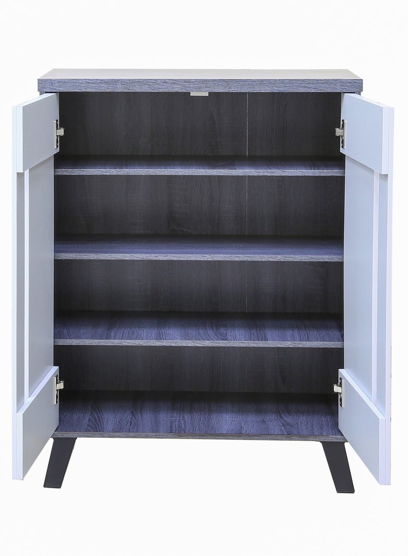 اي اف تي خزانة أحذية حديثة ذات لونين مع بابين - تصميم متين من ألواح الحبيبات. خزانة أحذية مصنوعة من لوح حبيبي بلونين مع بابين - حل تخزين أنيق. مثالي لأي مدخل أو غرفة معيشة أو غرفة طعام أو غرف نوم. تصميم موفر للمساحة، قم بتنظيم حذائك دون عناء. (باب رمادي فاتح/إطار من خشب البلوط) عرفان - Image 5