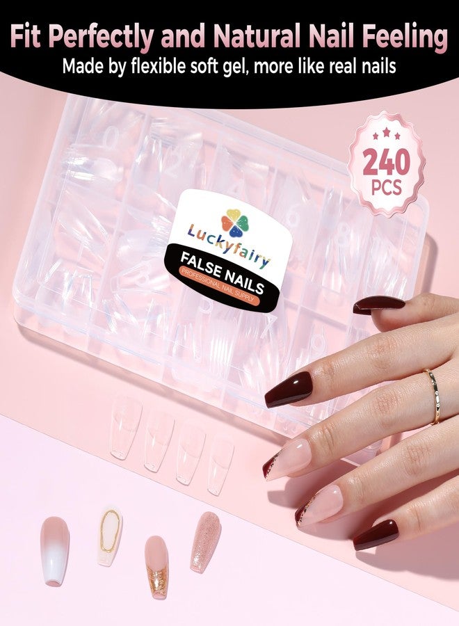 Luckyfairy أطراف أظافر جل متوسطة الحجم من لاكي فيري، 240 قطعة من أظافر أكريليك صناعية ناعمة مُشكّلة مسبقًا من الجل، أطراف أظافر جل شفافة غير لامعة من ها إم إكس إل إف، قابلة للضغط، لتطويل الأظافر، مانيكير منزلي، 12 مقاسًا من أطراف الجل - Image 5