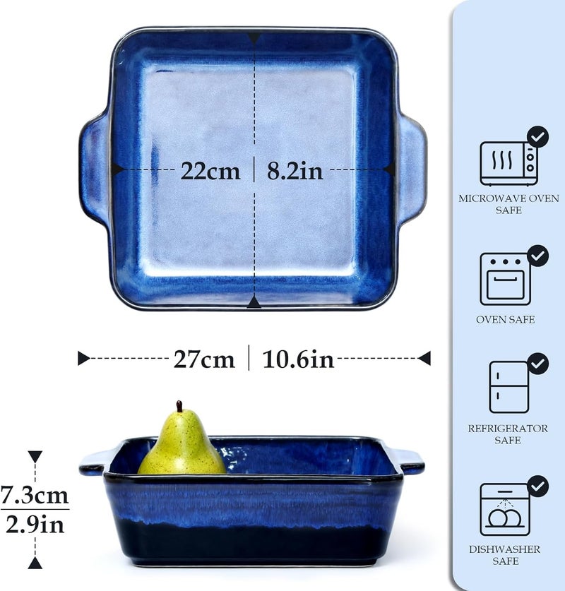 NUTRIUPS 8.2 x 8.2 inch Deep Square Ceramic Baking Pan with Double Handles - Oven Safe, 2 QT Porcelain Brownie Pan, Stoneware Baking Dish (Dark Blue) - Image 2