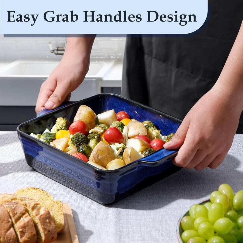 NUTRIUPS 8.2 x 8.2 inch Deep Square Ceramic Baking Pan with Double Handles - Oven Safe, 2 QT Porcelain Brownie Pan, Stoneware Baking Dish (Dark Blue) - Image 3