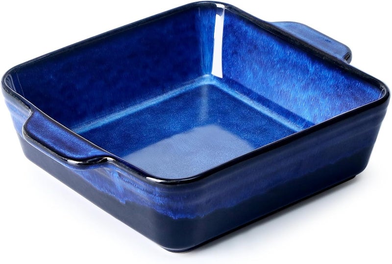 NUTRIUPS 8.2 x 8.2 inch Deep Square Ceramic Baking Pan with Double Handles - Oven Safe, 2 QT Porcelain Brownie Pan, Stoneware Baking Dish (Dark Blue) - Image 1
