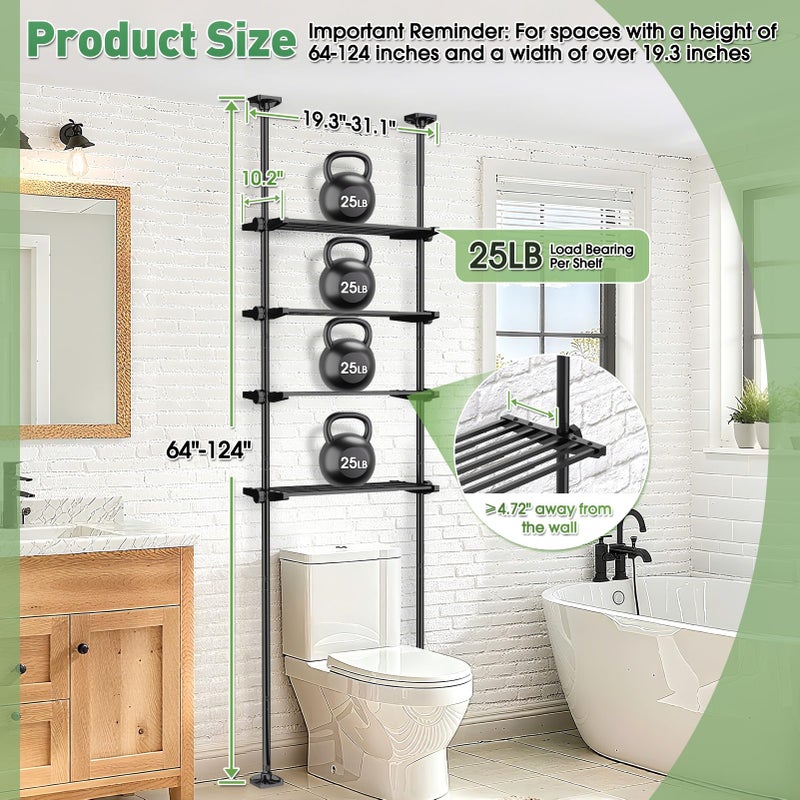 SUNALLY Over The Toilet Storage Shelf, 4-Tier Adjustable Over Toilet Bathroom Organizer,Tension-Mounted Bathroom Storage Rack for Ceilings, No Drill Space-Saving Shelving for Small Rooms,Black - Image 2
