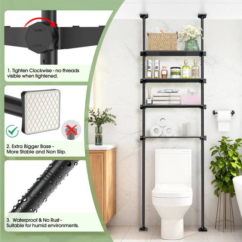 SUNALLY Over The Toilet Storage Shelf, 4-Tier Adjustable Over Toilet Bathroom Organizer,Tension-Mounted Bathroom Storage Rack for Ceilings, No Drill Space-Saving Shelving for Small Rooms,Black - Image 3
