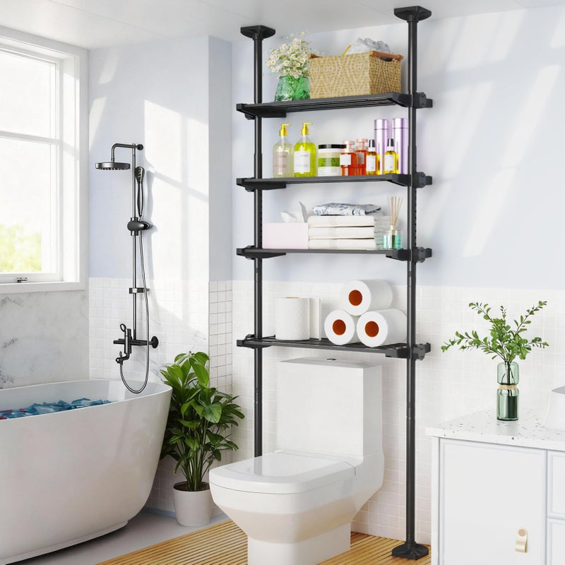 SUNALLY Over The Toilet Storage Shelf, 4-Tier Adjustable Over Toilet Bathroom Organizer,Tension-Mounted Bathroom Storage Rack for Ceilings, No Drill Space-Saving Shelving for Small Rooms,Black - Image 1