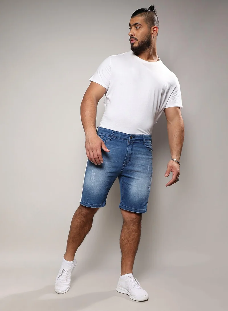 Instafab Plus Instafab Plus Men's Light Blue Side-Striped Denim Shorts For Casual Wear | Light-Wash | 5 Pockets | Button Closure | Denim Shorts Crafted With Comfort Fit For Everyday Wear