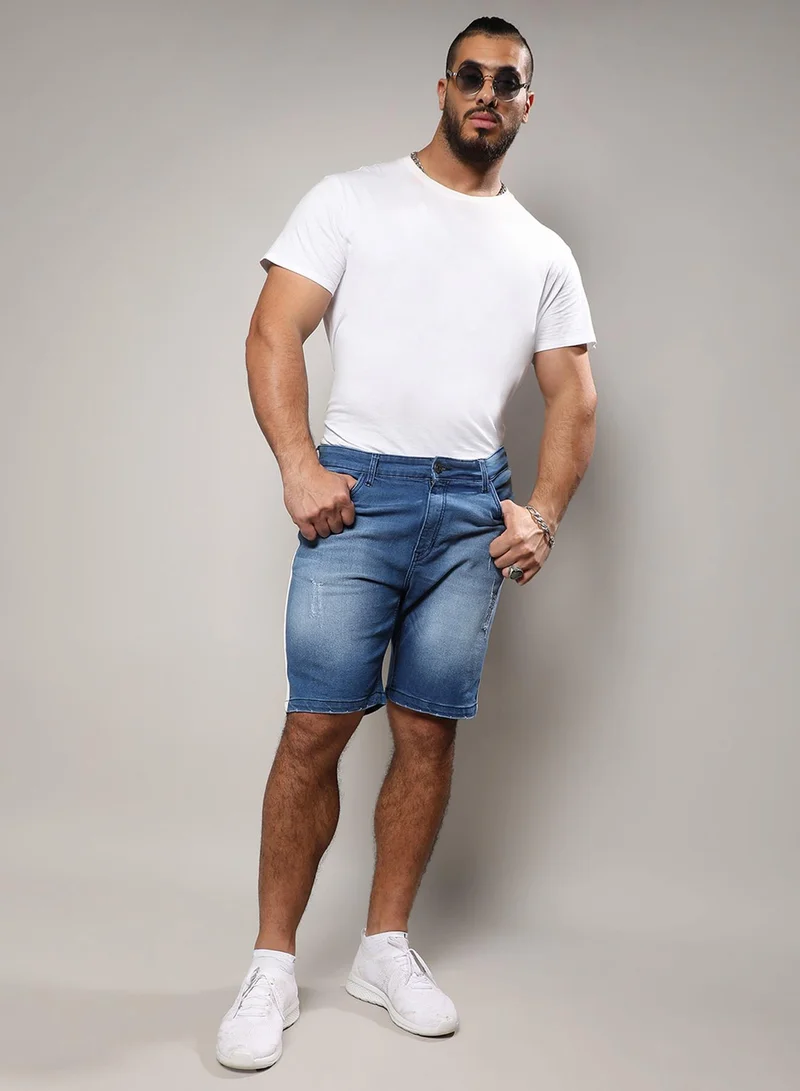 Instafab Plus Instafab Plus Men's Light Blue Side-Striped Denim Shorts For Casual Wear | Light-Wash | 5 Pockets | Button Closure | Denim Shorts Crafted With Comfort Fit For Everyday Wear