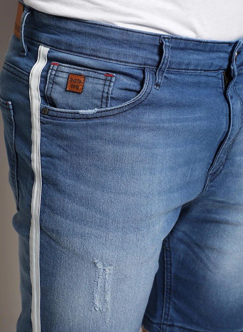 Instafab Plus Instafab Plus Men's Light Blue Side-Striped Denim Shorts For Casual Wear | Light-Wash | 5 Pockets | Button Closure | Denim Shorts Crafted With Comfort Fit For Everyday Wear