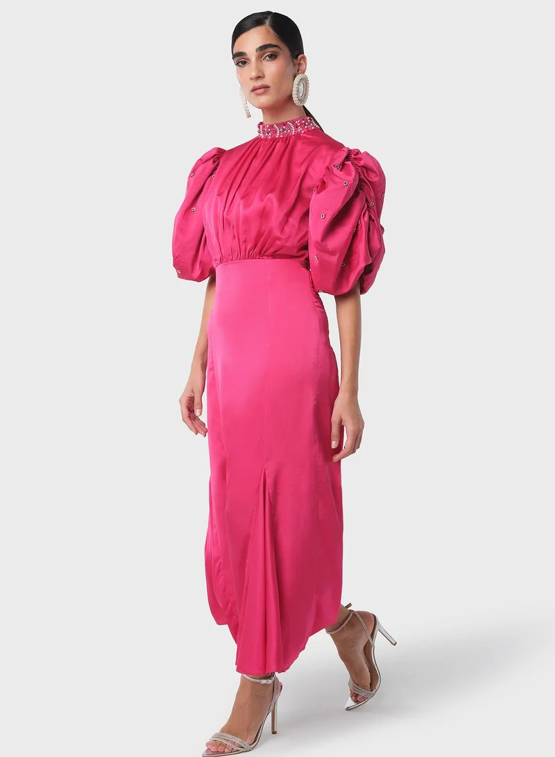 Threadz by Ajooni Satin Puff-Sleeve Dress