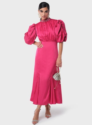 Satin Puff-Sleeve Dress