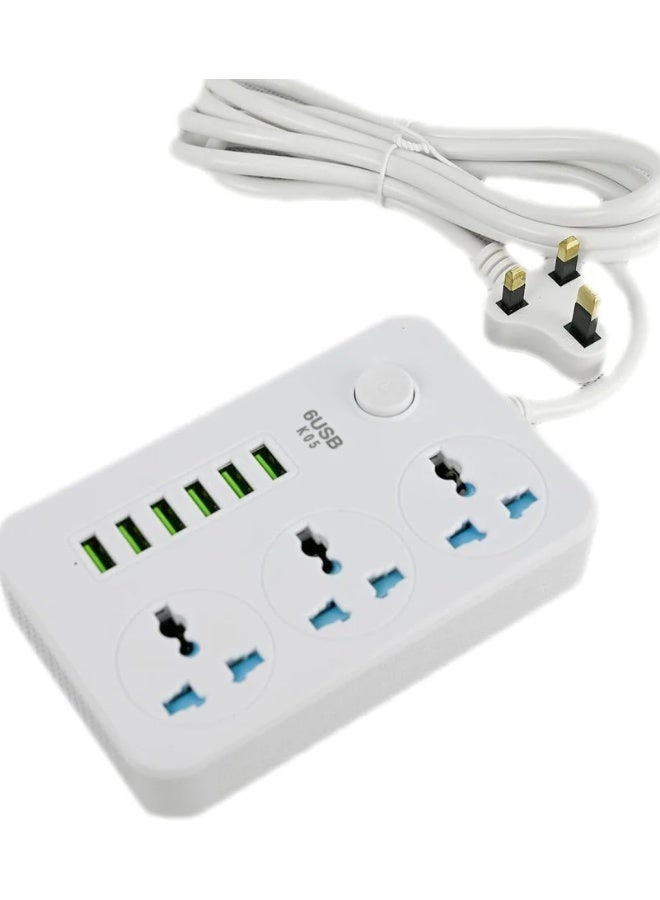 شريط طاقة أبيض مع 6 منافذ شحن USB و 3 مقابس تيار متردد وكابل بطول 2 متر - Image 1