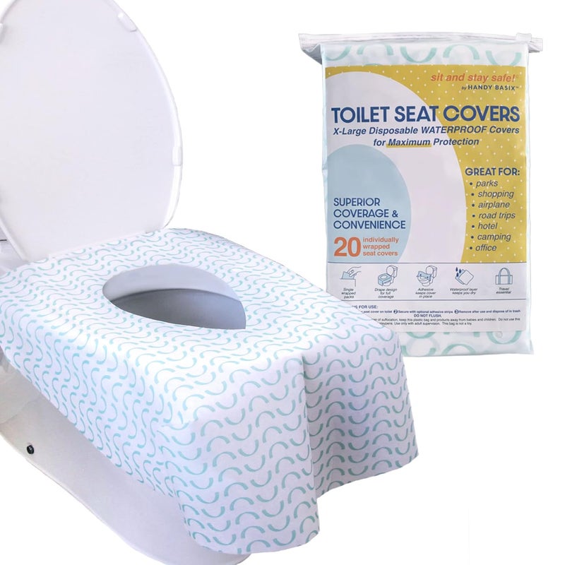 Handy Basix XL Full Coverage Disposable Toilet Seat Covers for Kids, Adults & Potty Training, Waterproof, 20 Pcs - Single Wrapped (Curves) - Image 1