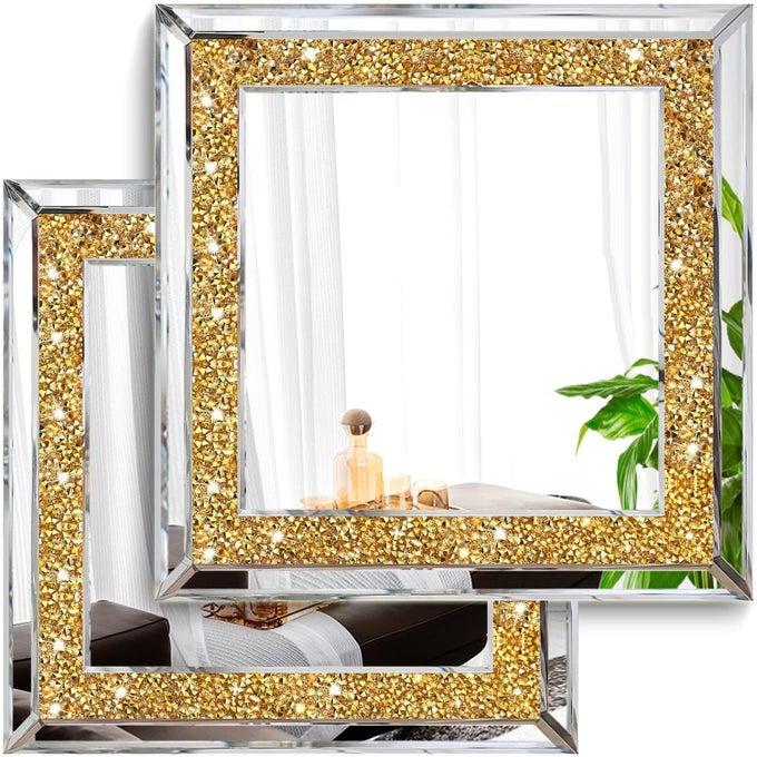 2 PIECE WALL MIRRORS CRUSH DIAMOND WALL DECOR GOLD COLOR DECORATIVE MIRRORS FOR LIVING ROOM BEDROOM BATHROOM 12X12