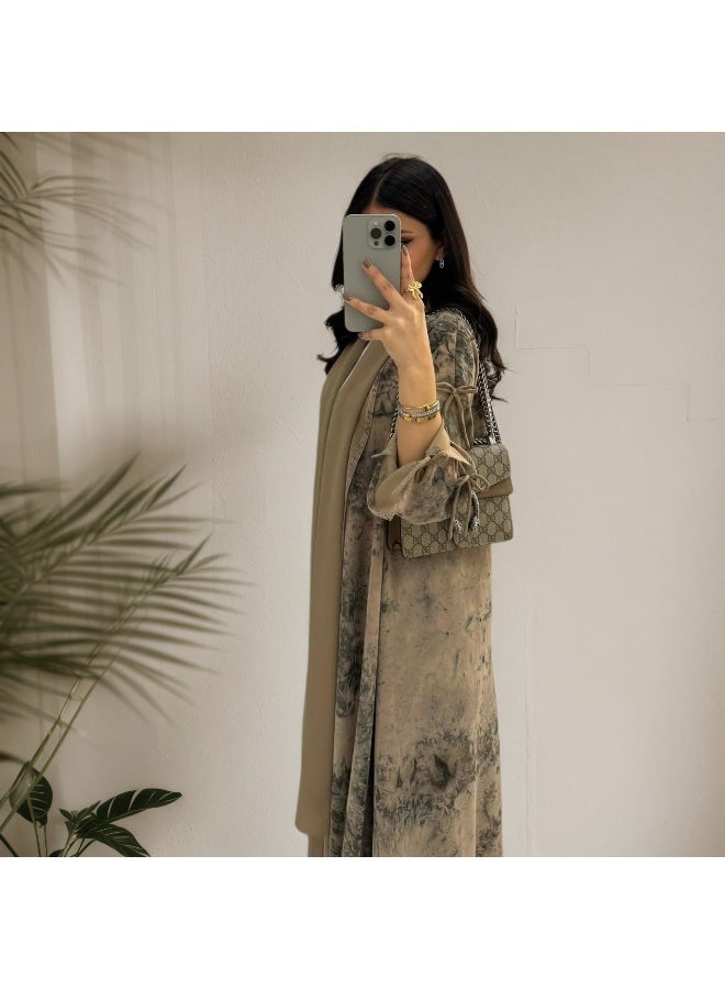 Women Dusty Pink Botanical Printed Open Abaya Set Bow Sleeve Chiffon Outerwear With Hijab - Image 4