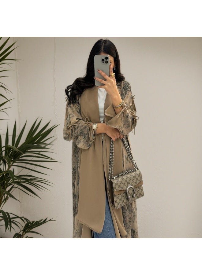 Women Dusty Pink Botanical Printed Open Abaya Set Bow Sleeve Chiffon Outerwear With Hijab - Image 1