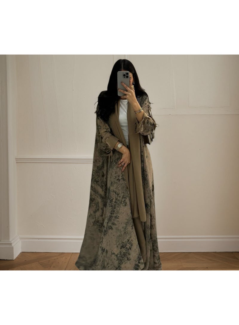 Women Dusty Pink Botanical Printed Open Abaya Set Bow Sleeve Chiffon Outerwear With Hijab - Image 2