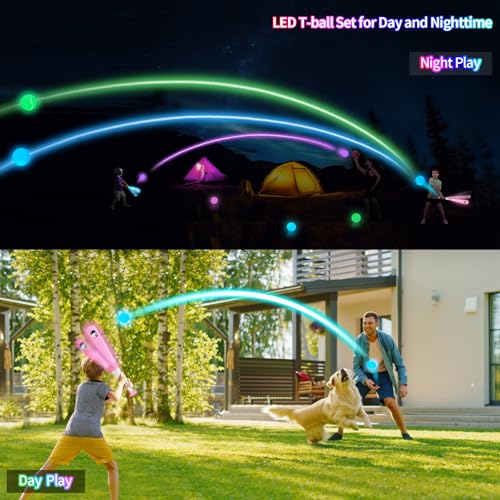 Leshein T Ball Set Light Up LED Baseball Toys for Kids Toddlers 38 Glow in The Dark Tee Ball Set Rechargeable Portable Toddler Outdoor Toys for Barkyard Camping Gifts for Boys Girls Pink - Image 5