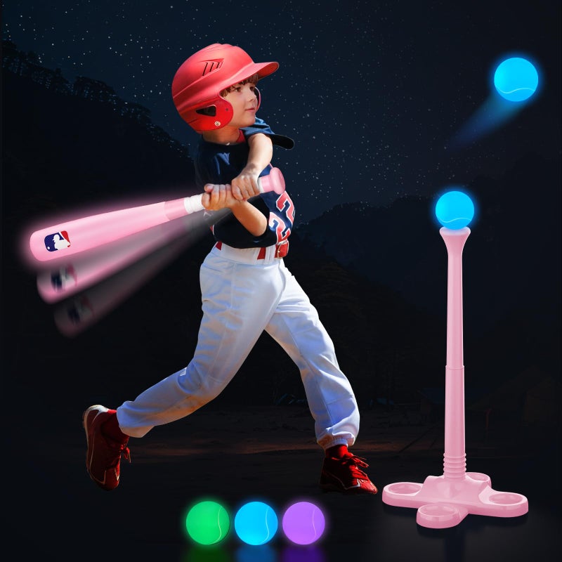 Leshein T Ball Set Light Up LED Baseball Toys for Kids Toddlers 38 Glow in The Dark Tee Ball Set Rechargeable Portable Toddler Outdoor Toys for Barkyard Camping Gifts for Boys Girls Pink - Image 3