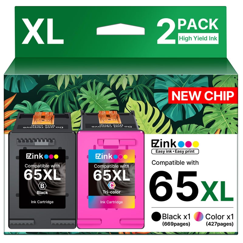 E-Z Ink 65XL 65 ink cartridges black/color combo pack Replacement for HP ink 65 65xl black and color ink cartridge work for HP Envy 5055 5000 5070 5052 5014 DeskJet 3755 3772 3700 3752 3722 2600 2622 (2 Pack) - Image 1