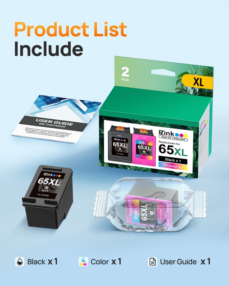 E-Z Ink 65XL 65 ink cartridges black/color combo pack Replacement for HP ink 65 65xl black and color ink cartridge work for HP Envy 5055 5000 5070 5052 5014 DeskJet 3755 3772 3700 3752 3722 2600 2622 (2 Pack) - Image 4