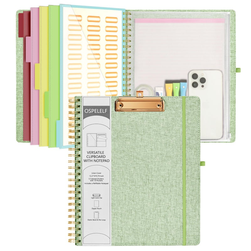 Ospelelf Green Foldable Spiral Clipboard Folio with Storage Zipper Pouch, 5 Plastic Folders with 10 Pockets, Refillable Lined Notepad (11" x 8.5"), Linen Hardcover Project Organizer - Image 1