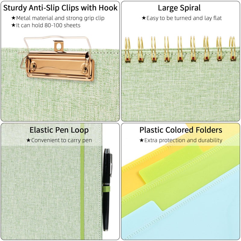 Ospelelf Green Foldable Spiral Clipboard Folio with Storage Zipper Pouch, 5 Plastic Folders with 10 Pockets, Refillable Lined Notepad (11" x 8.5"), Linen Hardcover Project Organizer - Image 4