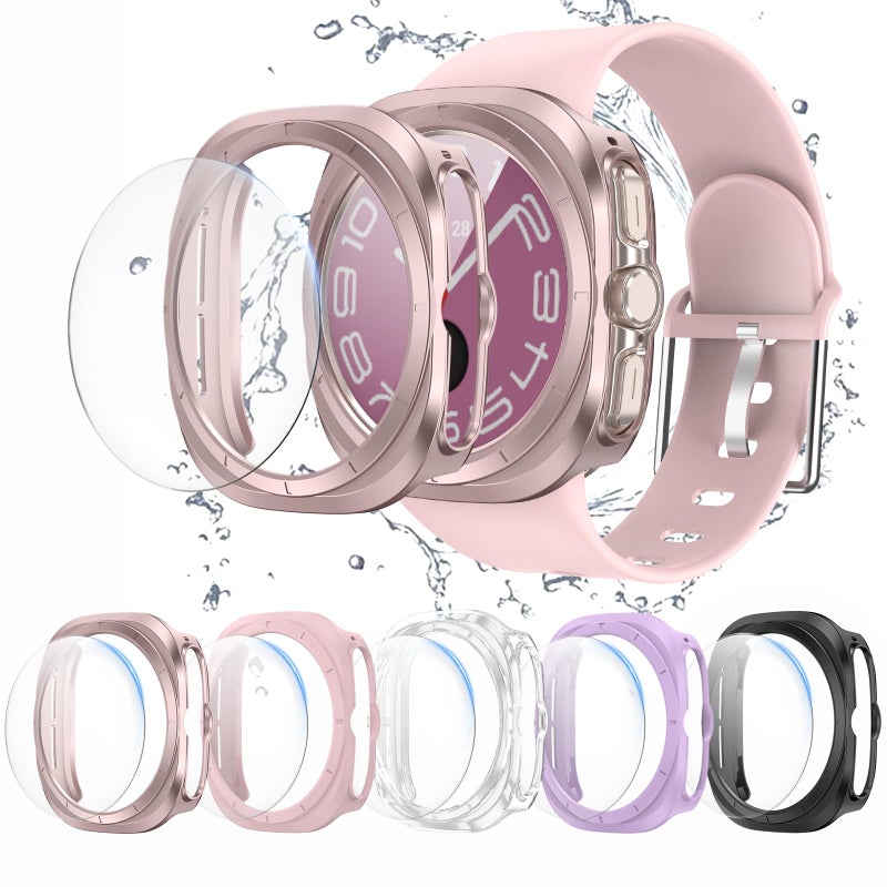 BHARVEST [5+5 Pack Galaxy Watch 7 Ultra 47mm Screen Protector, Waterproof Case Protective Cover+Tempered Glass Screen Protector Ultra-Thin Hard PC Guard Bumper For Samsung Galaxy Watch 7 47mm Women - Image 1