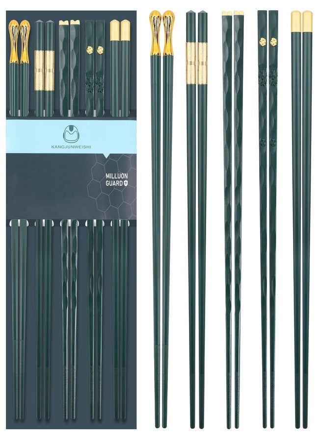 PYBBO 5 Pairs Chopsticks Reusable Fiberglass Dishwasher Safe, 9.6 inch/24.3cm Matte Non-Slip Family/ Hotel/ Restaurant Japanese Chop Sticks, Christmas & Chinese New Year Gift, Dark Green - Image 1