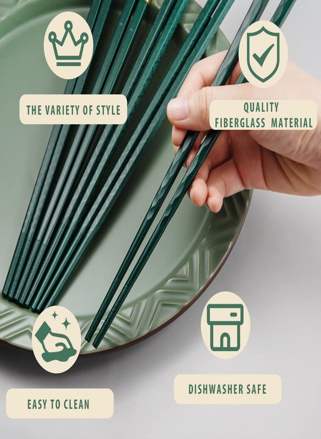 PYBBO 5 Pairs Chopsticks Reusable Fiberglass Dishwasher Safe, 9.6 inch/24.3cm Matte Non-Slip Family/ Hotel/ Restaurant Japanese Chop Sticks, Christmas & Chinese New Year Gift, Dark Green - Image 2