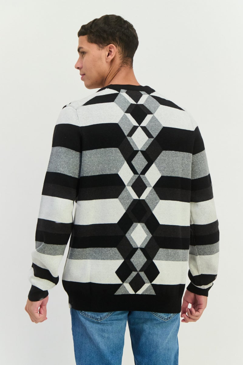 PERRY ELLIS كارديجان مخطط بأكمام طويلة على شكل حرف V للرجال، أسود - Image 3