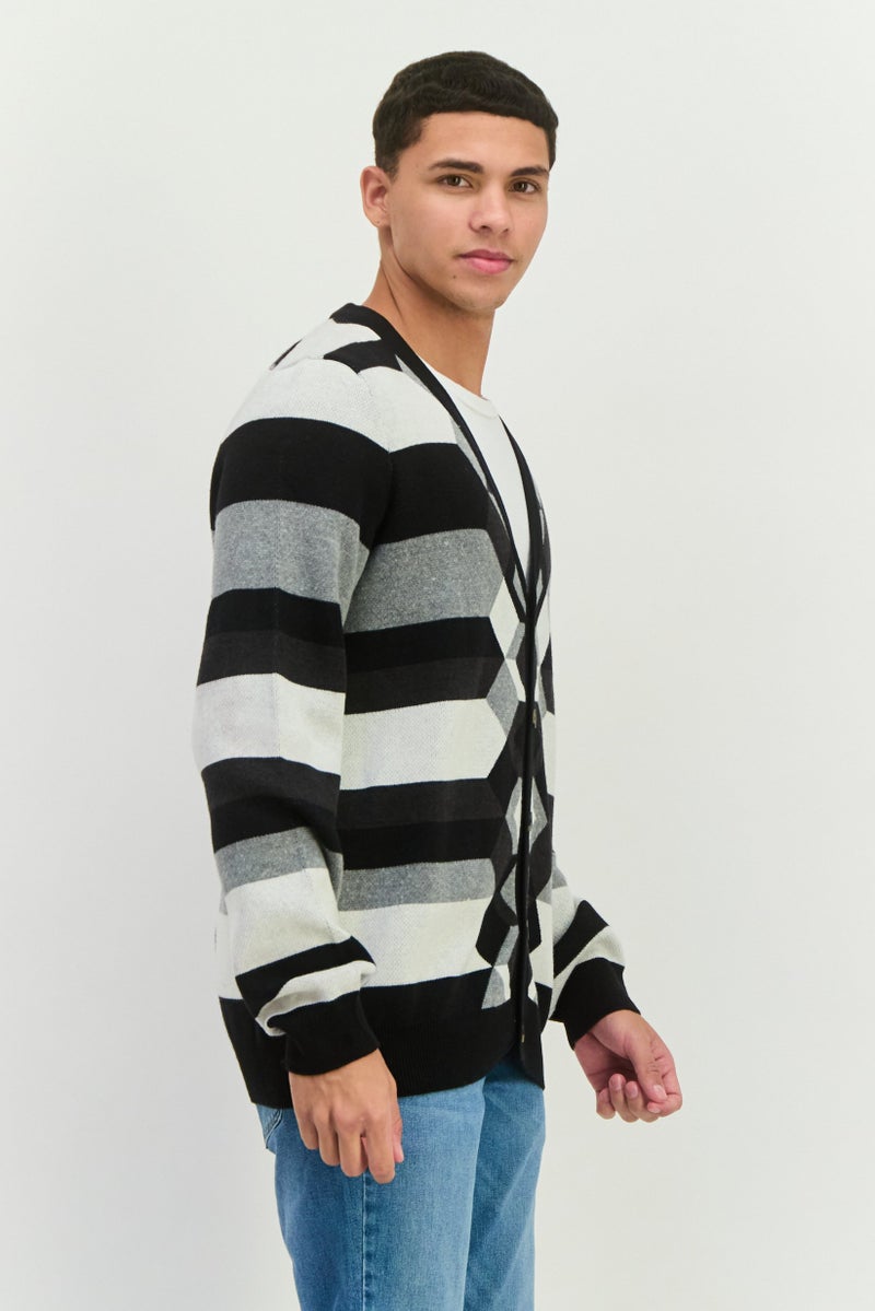 PERRY ELLIS كارديجان مخطط بأكمام طويلة على شكل حرف V للرجال، أسود - Image 2