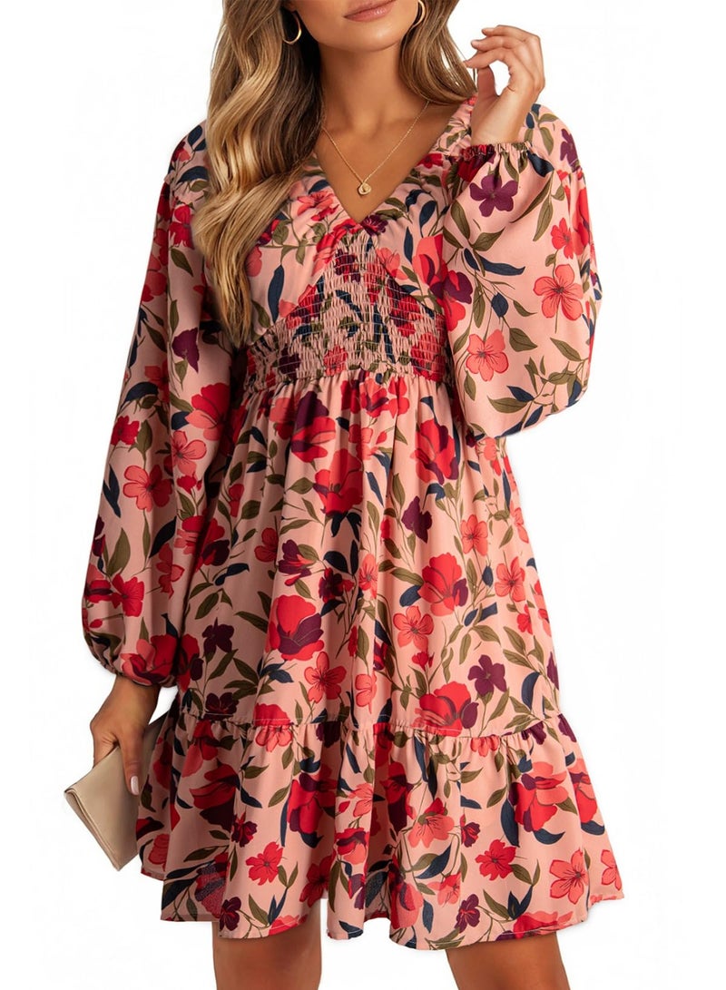 Dokotoo Sundresses for Women Spring Summer Casual Dresses Long Sleeve V Neck Smocked Boho Floral Country Concert Ladies Elegant Beach Vacation Clothes Mini Dress Sundresses Plus Size Pink X-Large - Image 2