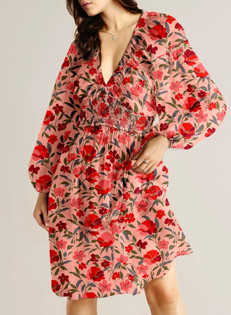 Dokotoo Sundresses for Women Spring Summer Casual Dresses Long Sleeve V Neck Smocked Boho Floral Country Concert Ladies Elegant Beach Vacation Clothes Mini Dress Sundresses Plus Size Pink X-Large - Image 4